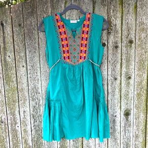 FUNKY PEOPLE Size M Bohemian Jade Green Soft Flowing Short Embroidered Dress